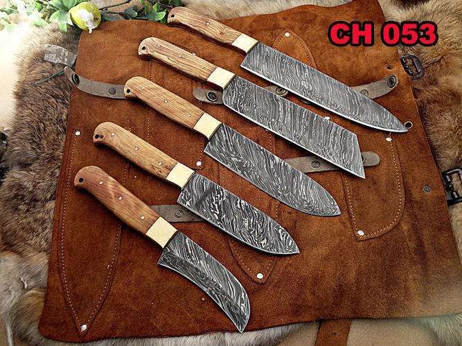 Hand Forged Chef Knife Damacus Depot Inc 5 Pieces Chef Knives Set Overall 54 Inches Full Tang Hand Forged Damascus Steel Blade Custom Made Leather Sheath