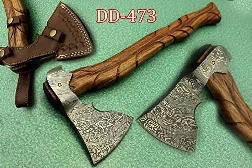 20 inches long damascus steel tomahawk axe engraved rose wood