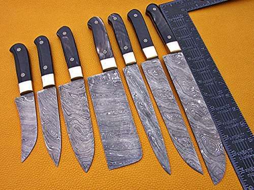 7 Pieces Custom Made Hand Forged Damascus Steel Full Tang Blade Kitchen Knife Set Over 75 Inches Length Of Damascus Sharp Knives 15 14 13 5 12 11 10 9 Inches Cow Hide Leather Sheath Damacus Depot Inc